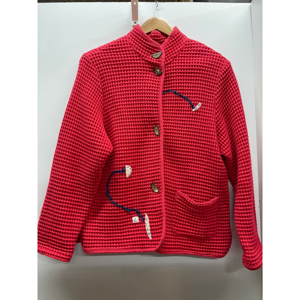 Bets by Canvasbacks Red Waffle Knit Jacket Embroidered Button Front M VTG 90's